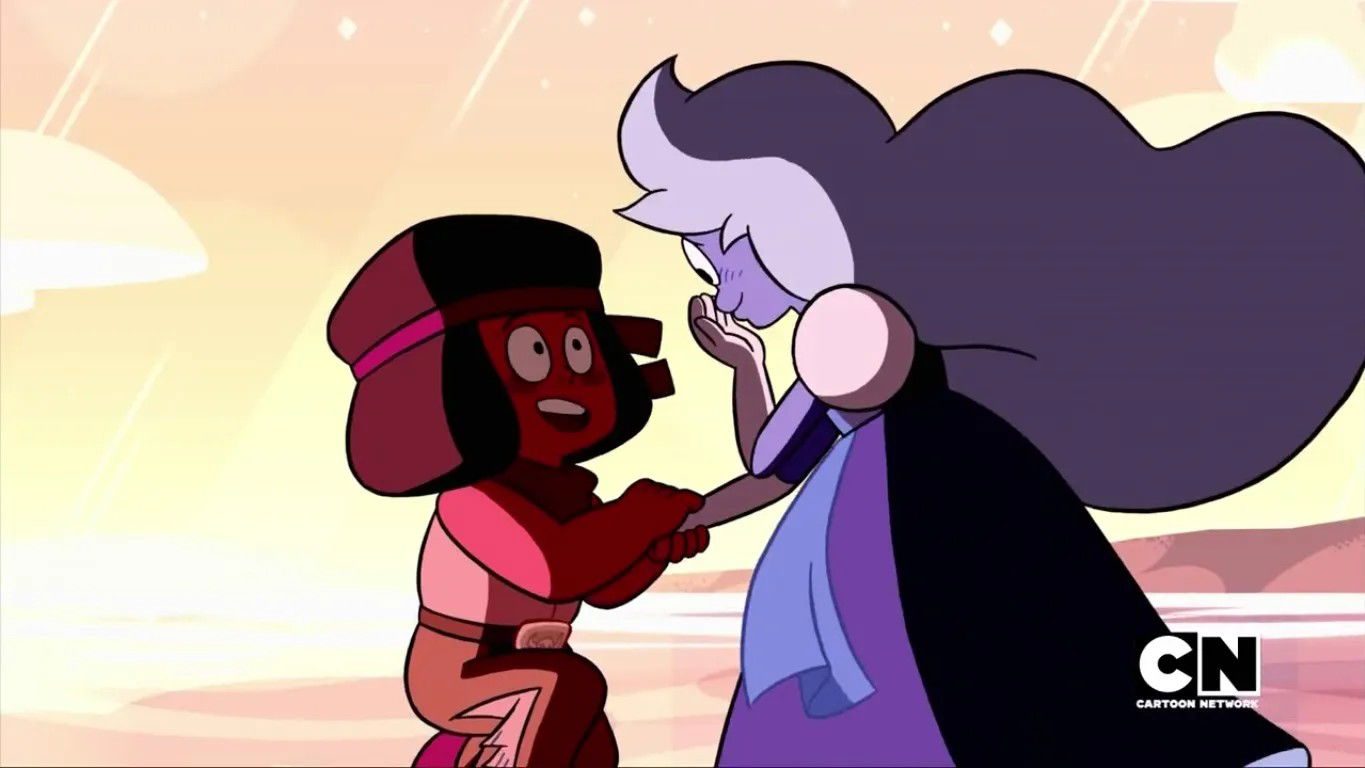 Garnet, a red-skinned character in a dark hat reaches out to touch hands with Sapphire who has flowing purple hair, set against a warm sunset sky - A proposal scene.