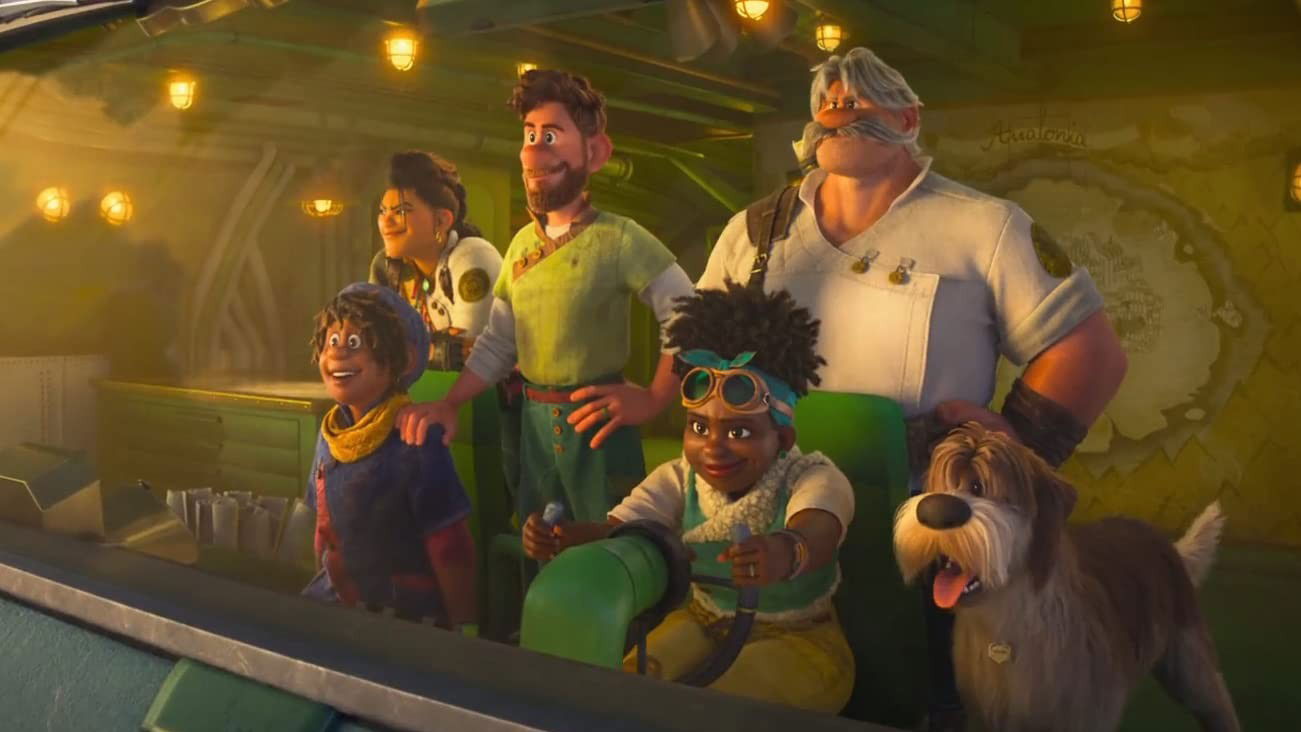 A diverse group of characters sits together on what appears to be a ship deck under warm lantern lighting - including a woman with a skull decoration, a bearded man, a young person, an elderly man with a mustache, a Black child with goggles, and a shaggy dog.