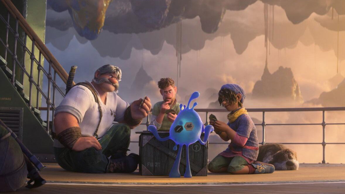 Three characters sit on a ship deck at sunset - Jaeger, Ethan, and a person in winter clothing - gathered around a small glowing blue creature.