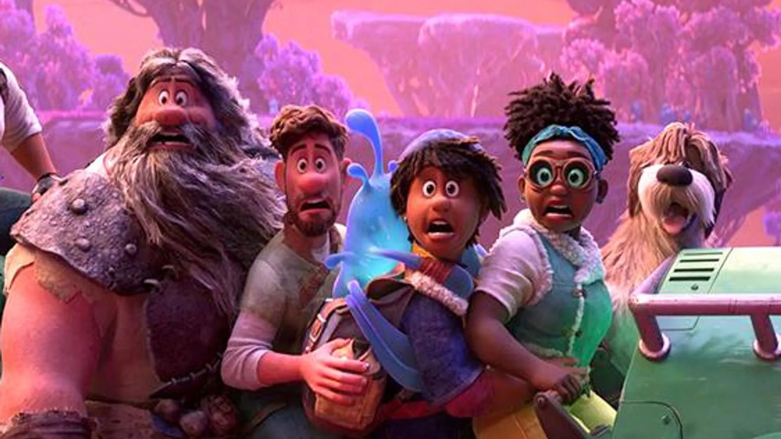 A group of characters huddle together looking startled in a fantastical pink-purple landscape - including Jaeger, Searcher Clade, Ethan, Meridian, the dog, and a glowing blue creature.