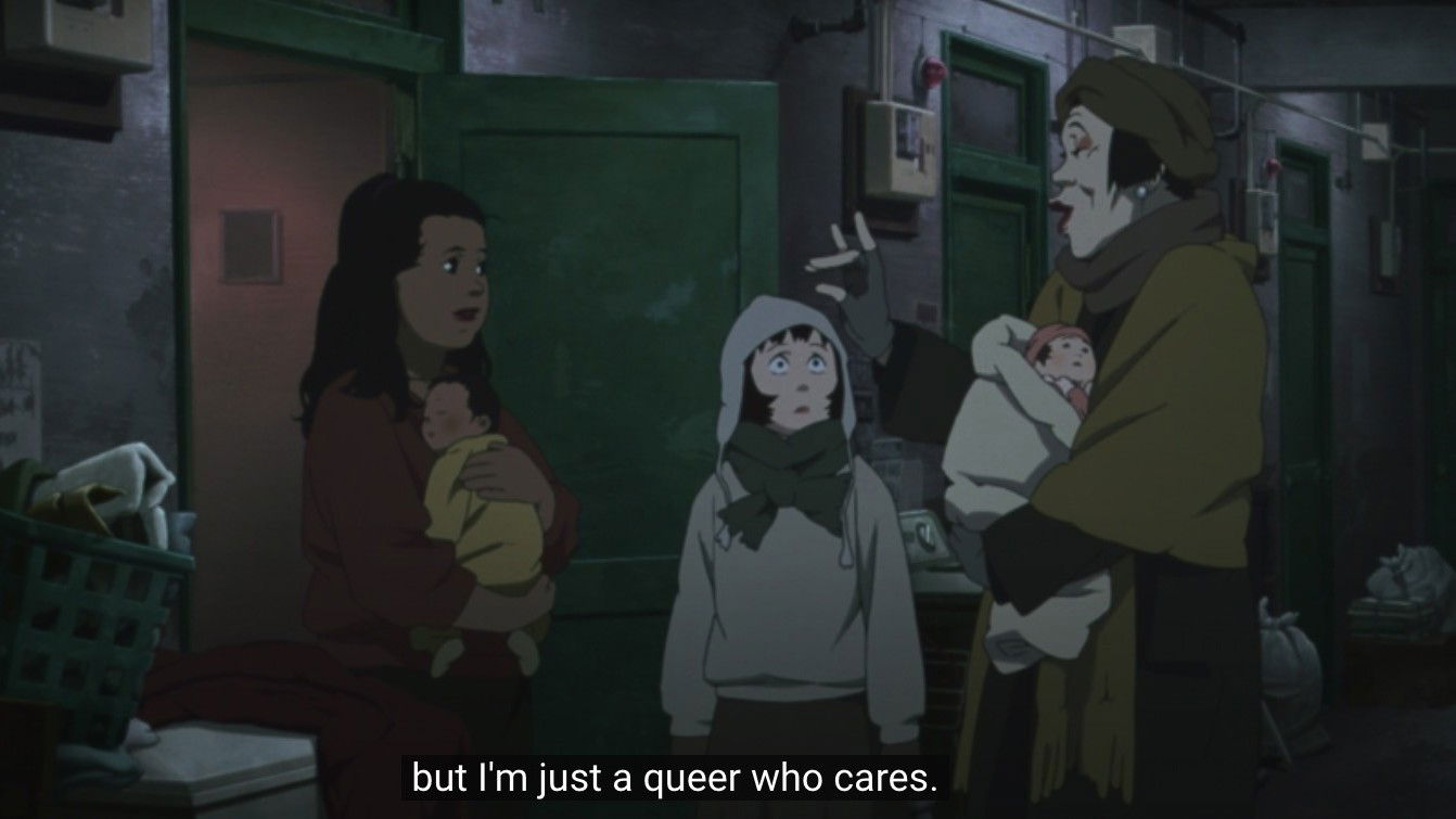 A group of characters including a Hana and children in winter clothing stand together, with subtitle text reading "but I'm just a queer who cares."