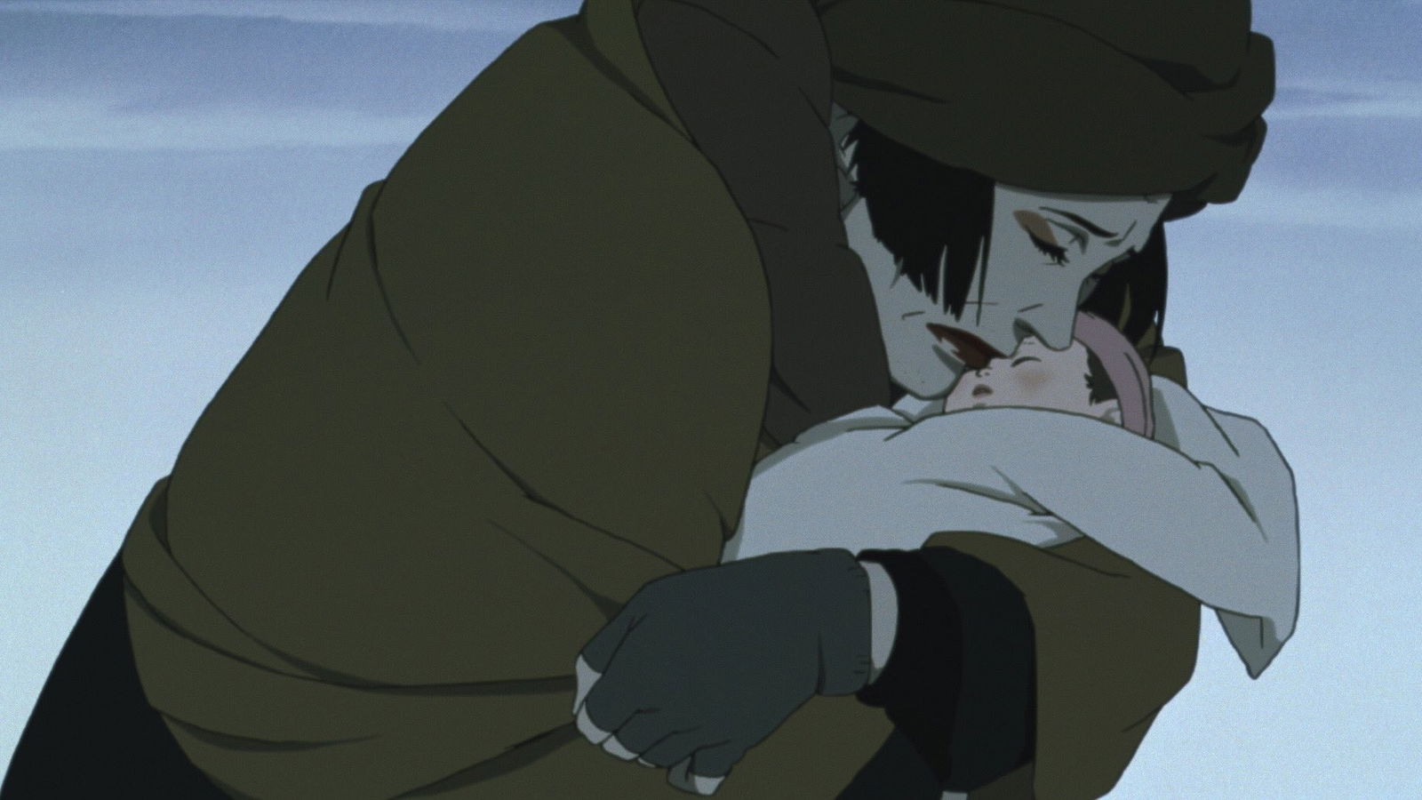 Two figures embrace in an emotional scene: Hana comforting Kiyoko against a snowy background.
