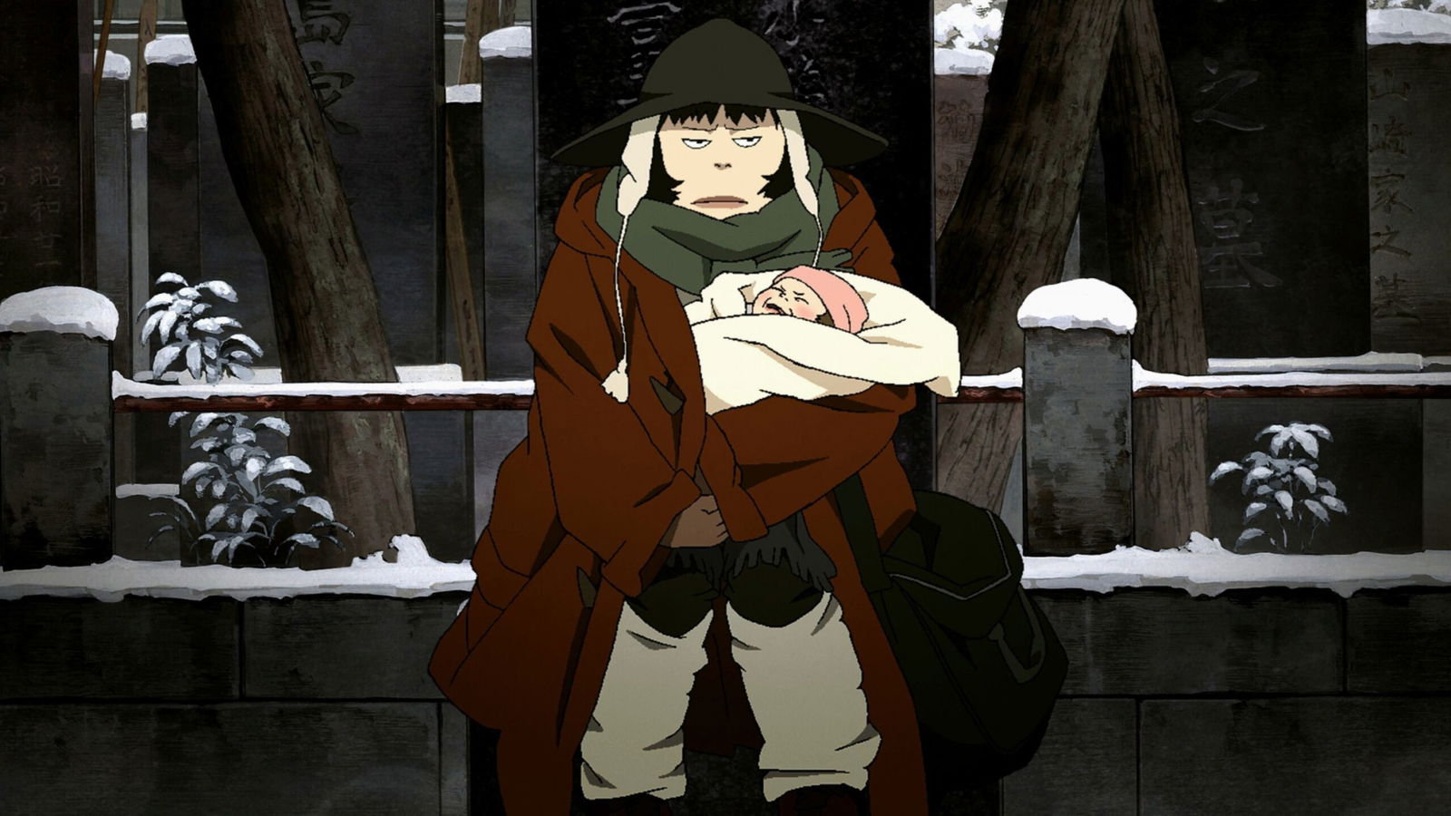 Miyuki in winter clothing sits on steps in the snow, cradling a baby in white blankets.