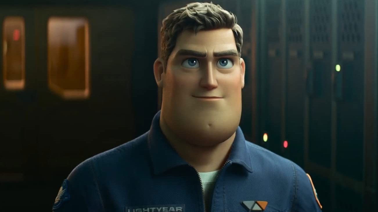 Buzz Lightyear in a blue uniform with "Lightyear" name tag smiles confidently in a futuristic facility setting.