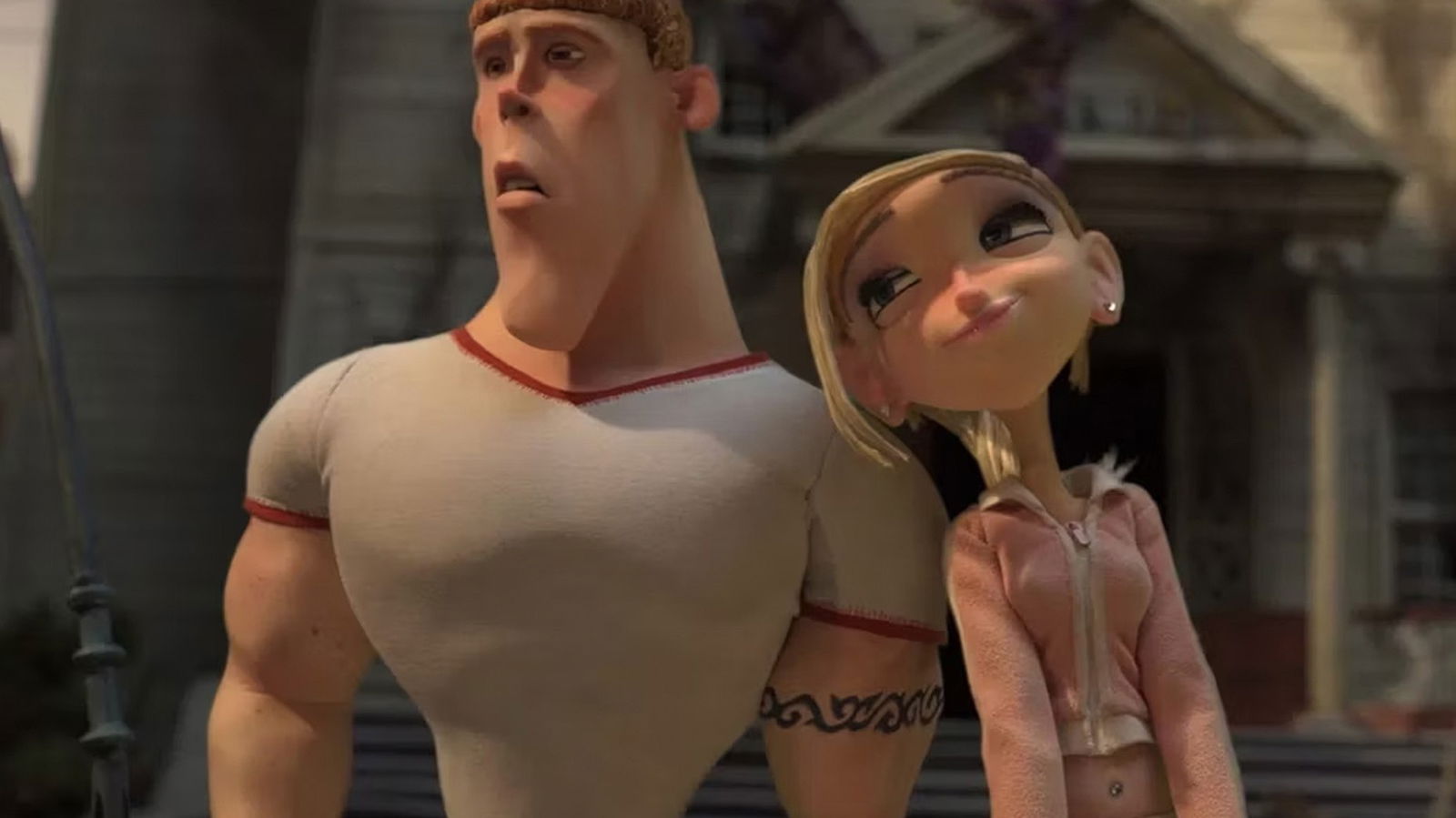 Mitch Downe in a white tank top with red trim stands next to Courtney in a pink top. Mitch is looking away while Courtney is trying to flirt with him.