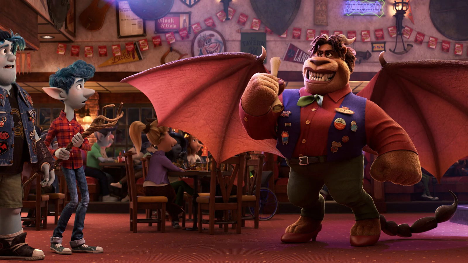 A tavern cene with various characters including Ian, Barley, and a large manticore with wings, set in a warm, social atmosphere with other patrons in the background.