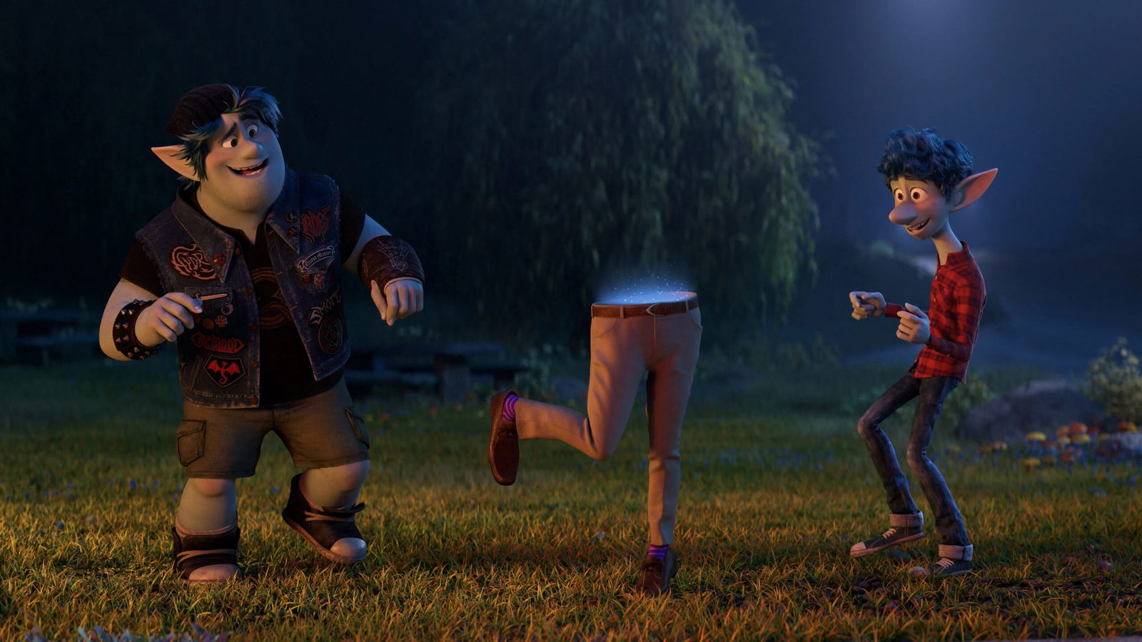 Two elf characters in an outdoor nighttime setting: Barley in dark clothing and Ian in plaid, appearing to be having a conversation with the legs of their father in between.