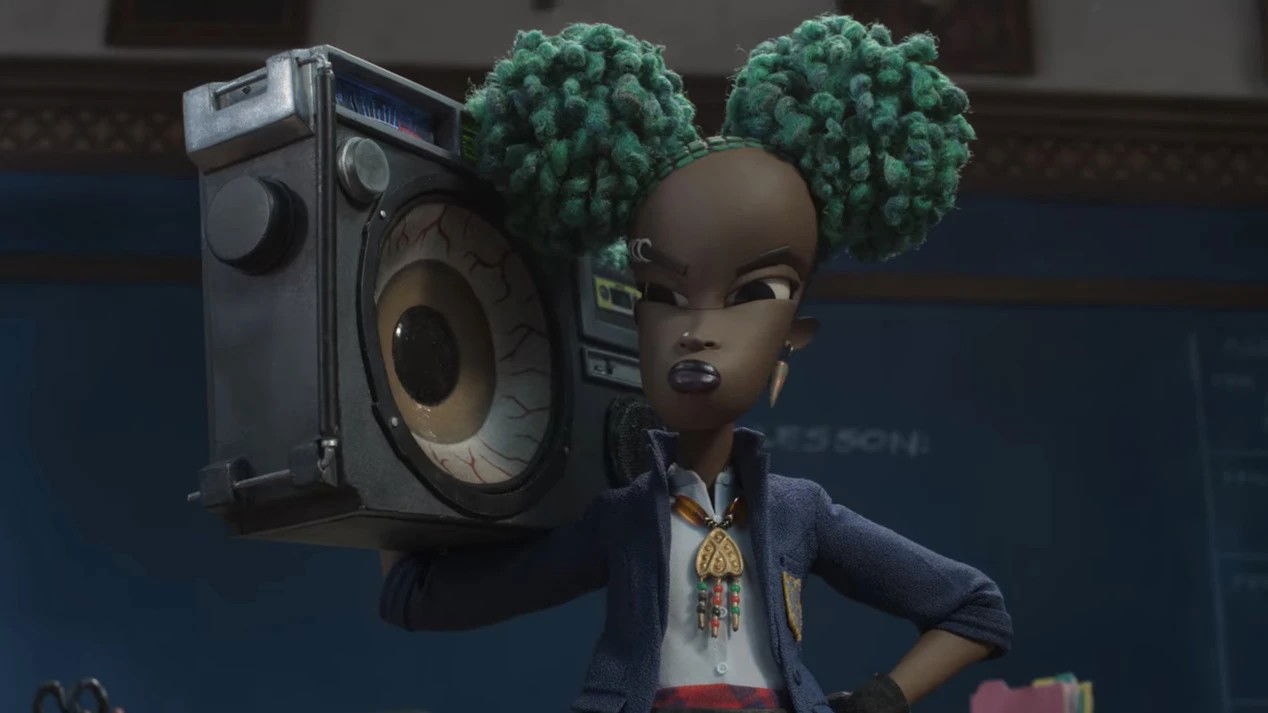Kat with green puff hairstyles holds a large boombox on her shoulder, wearing a denim jacket in an indoor setting.