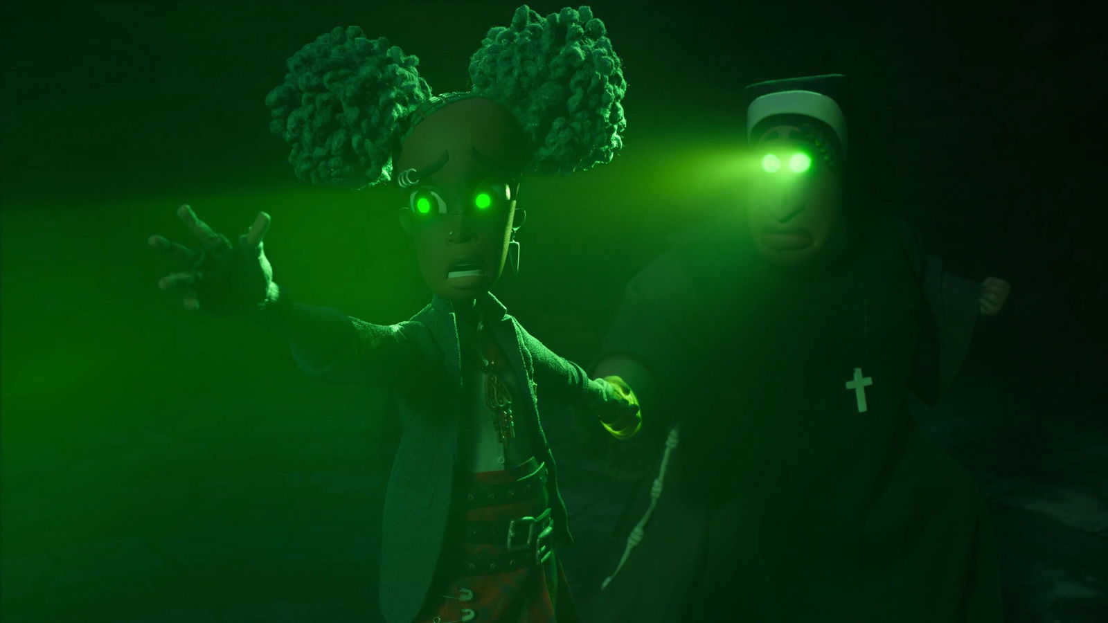 Kat with distinctive green hairstyles stands in dramatic green lighting, appearing to be in a dark, atmospheric setting with Sister Helly visible in the background.