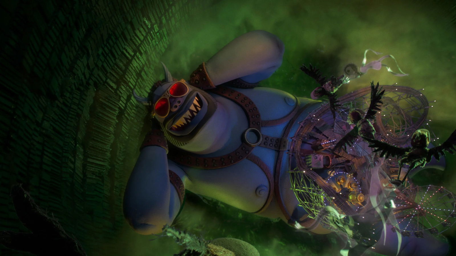 Buffalo Belzer with goggles alongside sea creatures in a green-tinted aquatic environment.