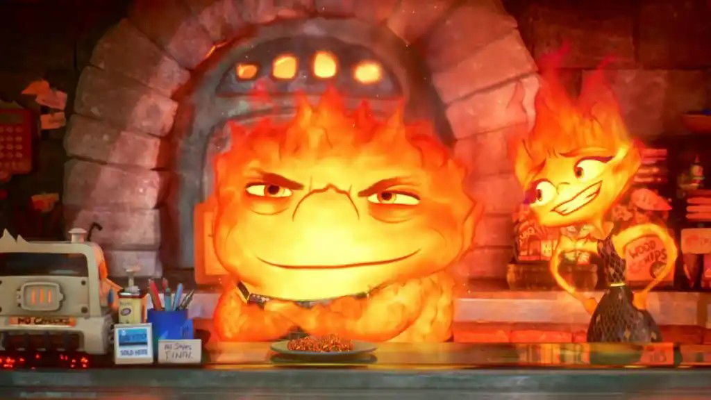 Bernie (a large orange fire element character) with an intense expression sits in a brick archway or furnace setting, with Ember (another smaller fire character) standing next to him.