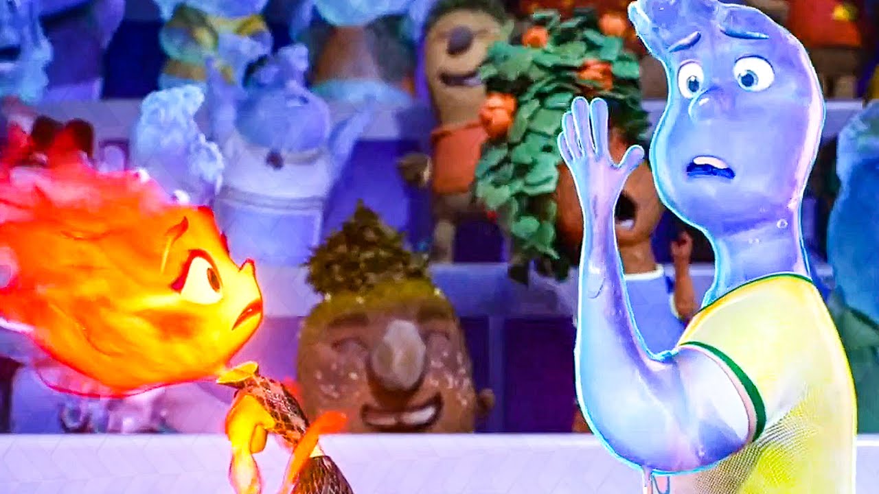 Ember (an orange fire element character) and Wade (a blue water element character) stand close together in a stadium, with various people visible in the blurred background.