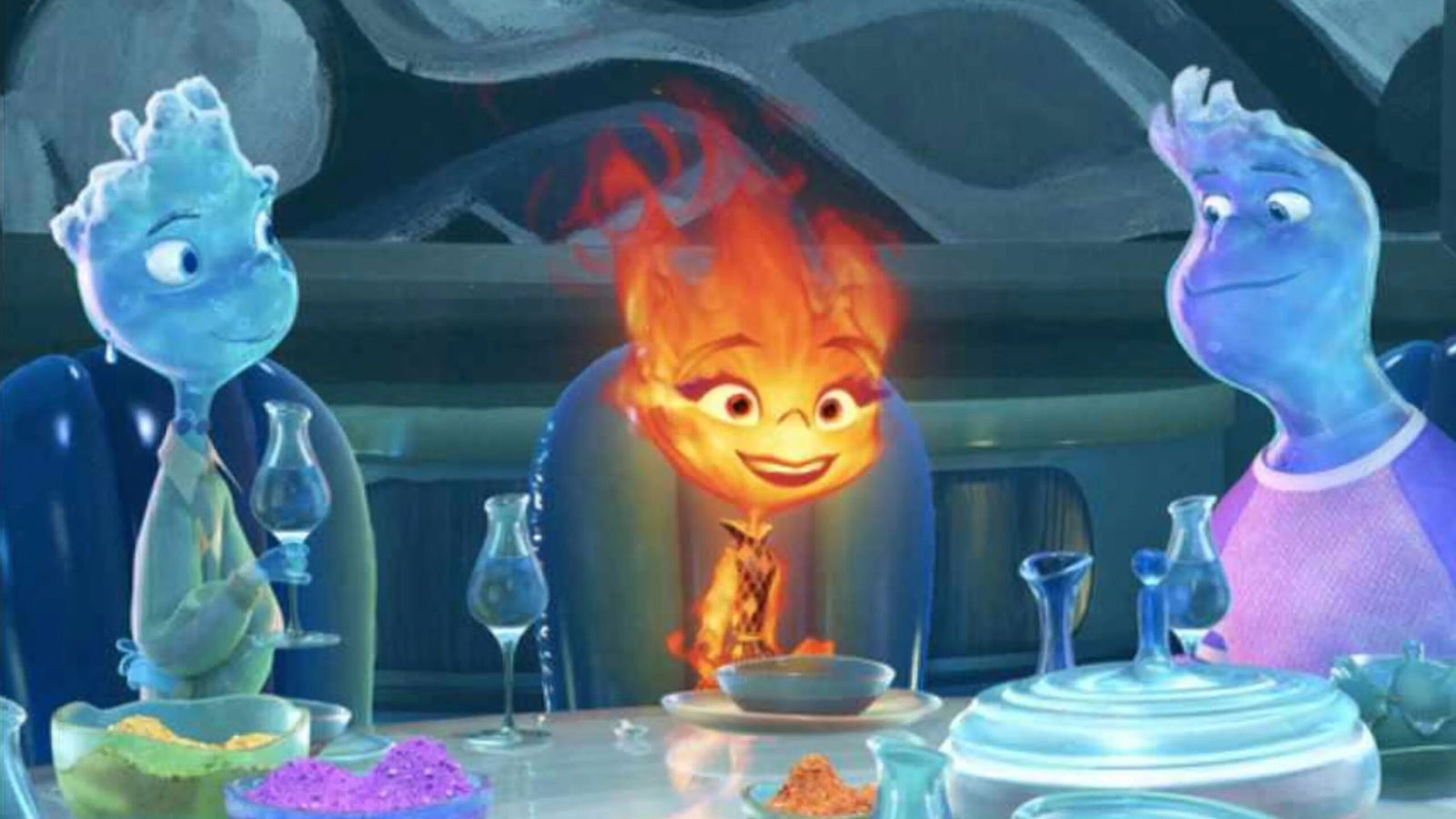 Three elemental characters on a dining table setting: Lake (a blue water element) on the left, Ember (a bright orange fire element) in the center, and Wade (a blue water element on the right), surrounded by glassware and colorful substances.