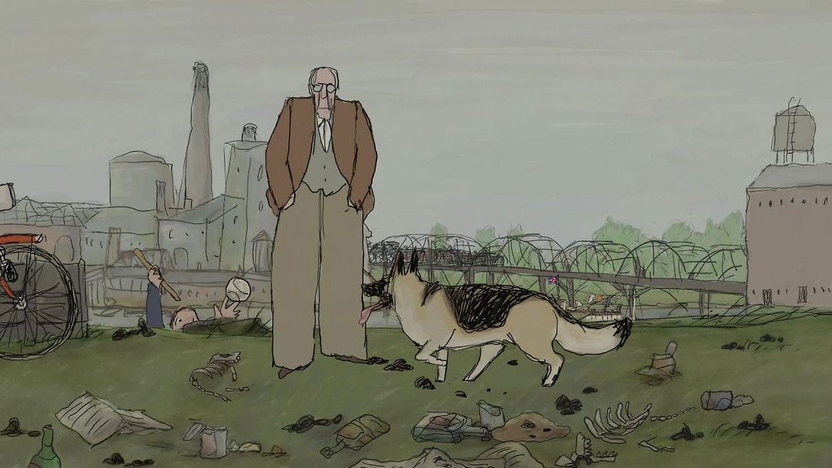 Ackerley in formal attire standing in an urban park or street setting with his dog (Tulip), depicted in a hand-drawn animation style with industrial buildings in the background.