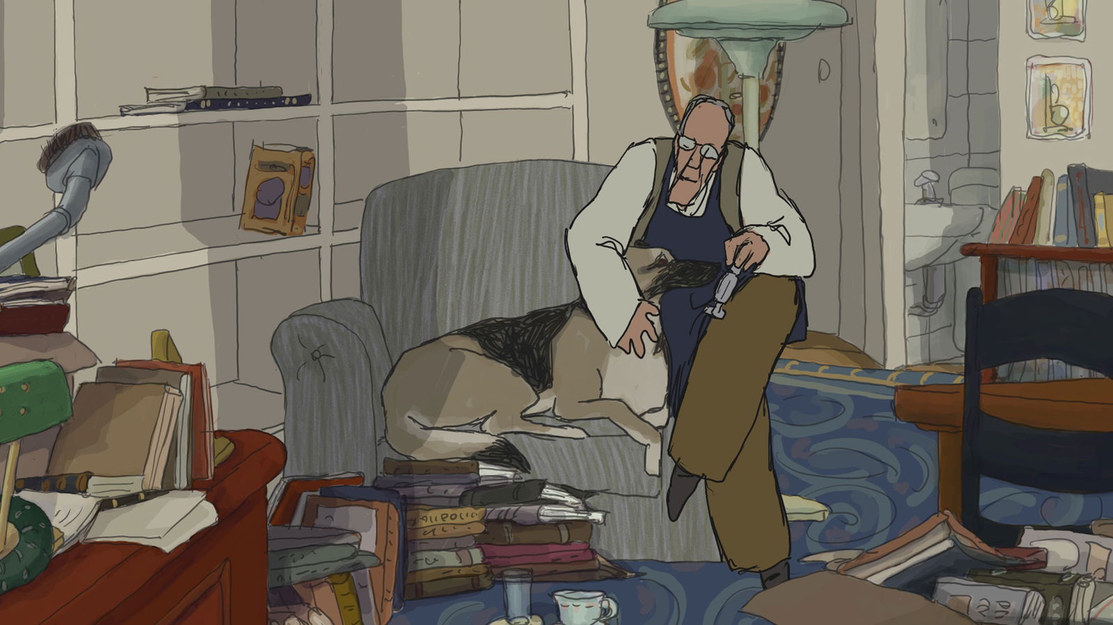 Ackerley, an elderly man with glasses, sitting in a book-filled study, relaxing in a chair with his large dog, Tulip, resting near him on the couch.