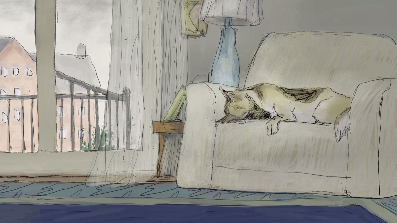 A sketchy animation style scene showing Tulip (a German Shepherd) resting on an armchair in a living room with a window view of buildings outside.