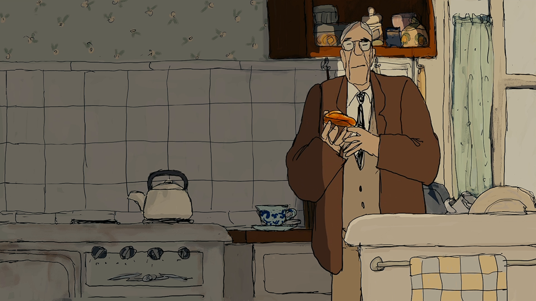 Ackerley in a brown coat standing in a kitchen, holding what appears to be food, rendered in a hand-drawn animation style.