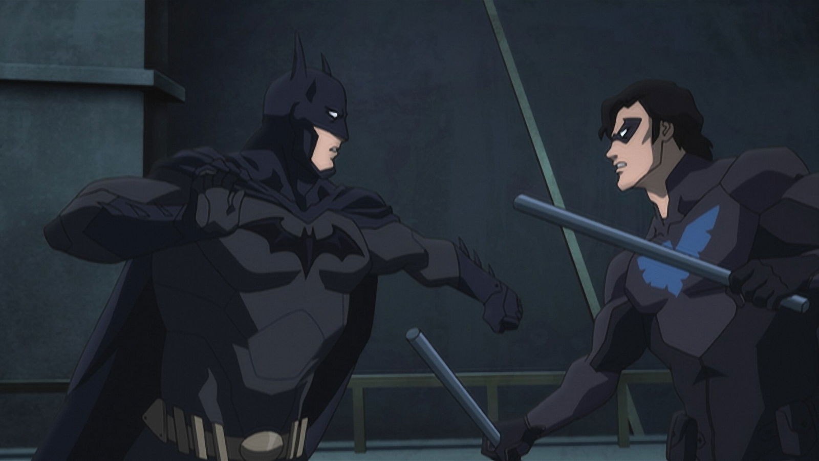 Batman in his dark costume engaged in combat with Nightwing, who wields batons, set in an indoor location.