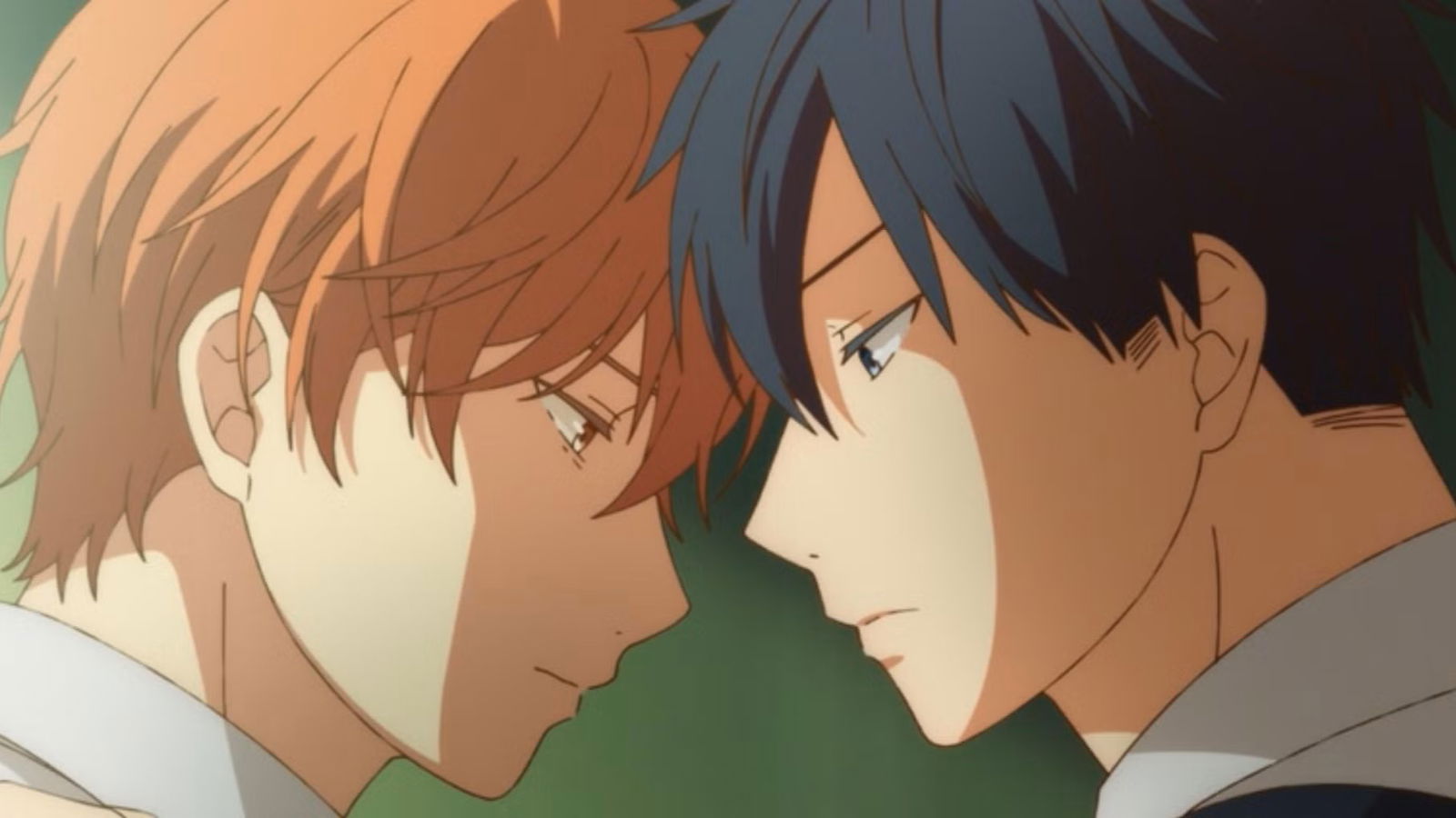 An intimate close-up of Mafuyu Satō and Ritsuka Uenoyama's faces positioned closely together.