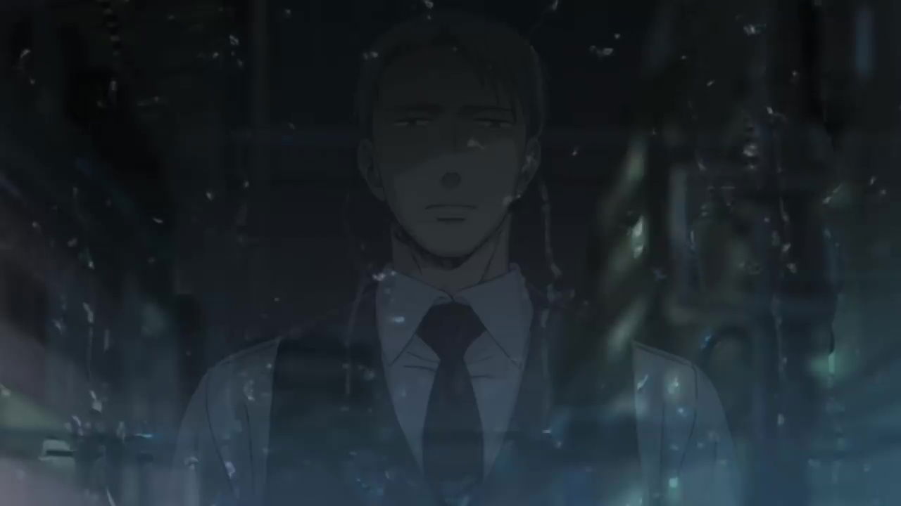 Yashiro shown in a moody, atmospheric shot through a window blurred with raindrops, creating a melancholic mood.