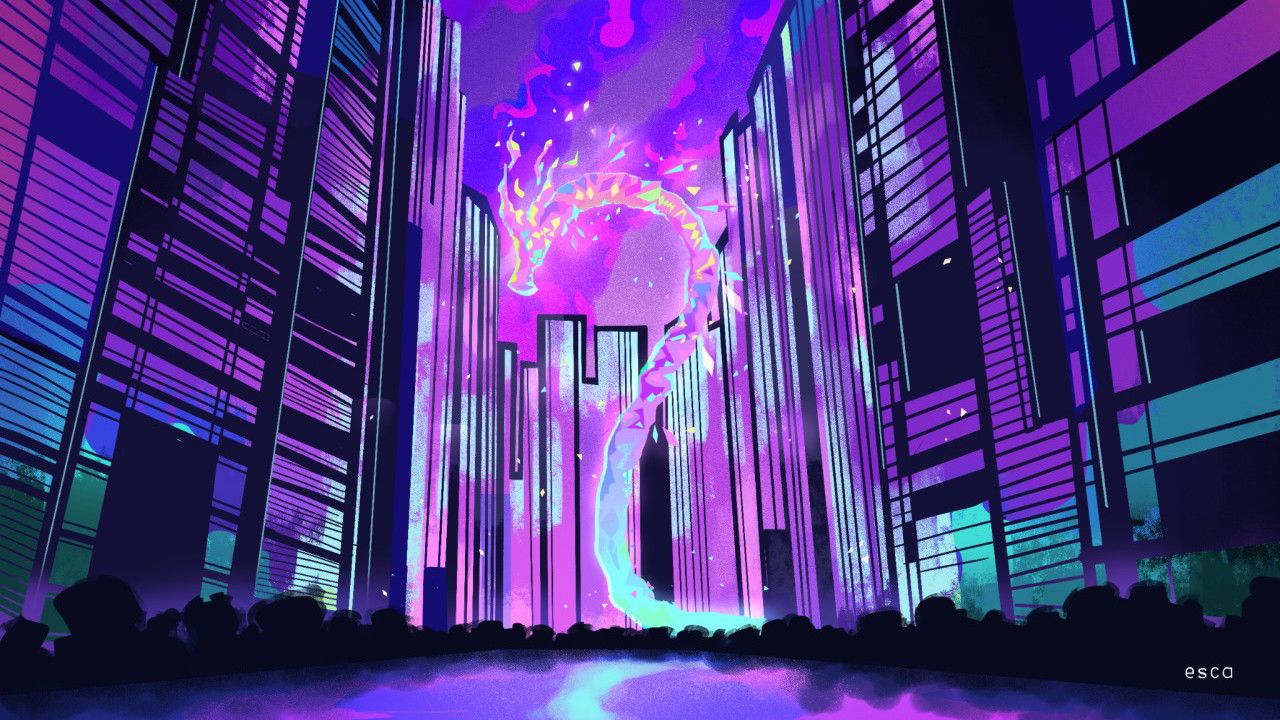 A cityscape scene with tall buildings silhouetted against a purple sky, featuring a large glowing energy effect in the center.