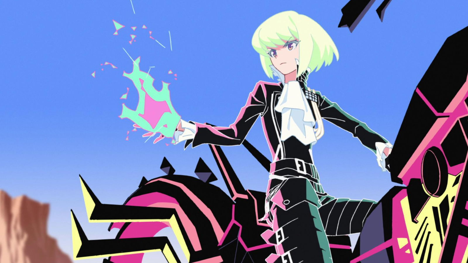 Lio Fotia with short blonde hair and determined expression, wearing a black outfit with pink and green accents, holding a glowing geometric object with a bright blue sky behind them.