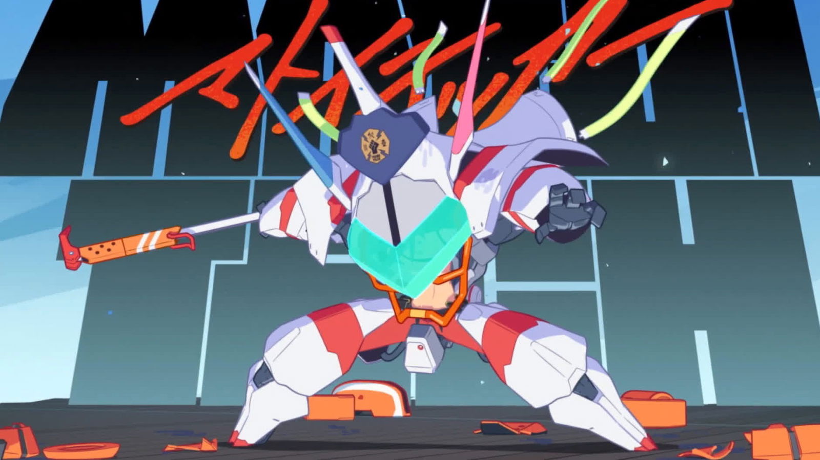 A robotic or armored figure in white, red, and orange colors positioned in an action stance with colorful energy effects radiating outward in a large indoor space.