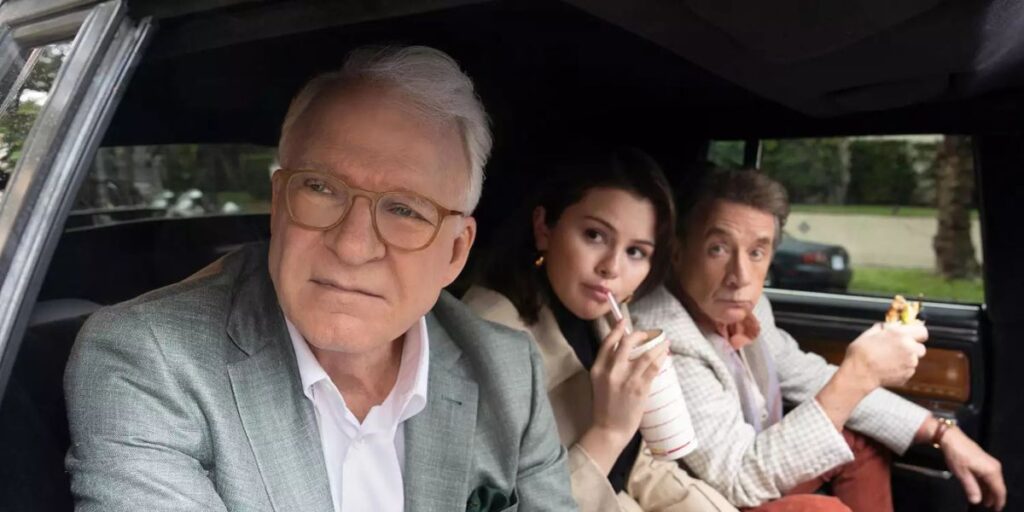 Selena Gomez, Martin Short, and Steve Martin sitting in a car side-by-side in Only Murders in the Building
