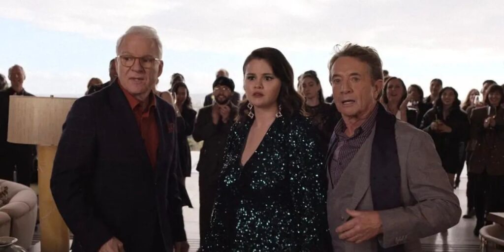 Selena Gomez, Martin Short, and Steve Martin in Only Murders in the Building looking shocked