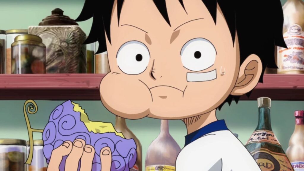 Luffy eating the legendary zoan devil fruit in One Piece