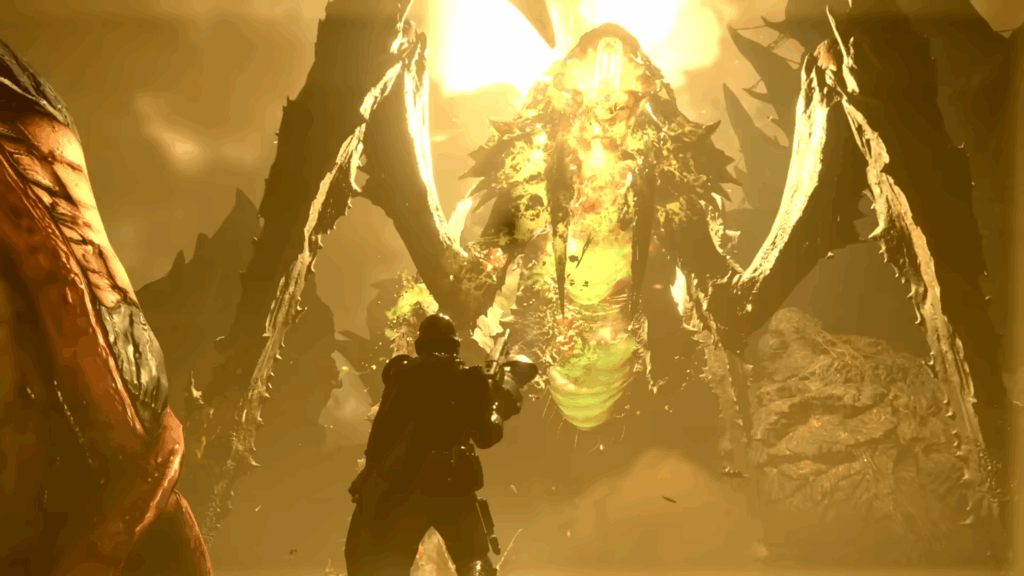 Helldivers 2 screenshot featuring a diver killing a large Terminid.