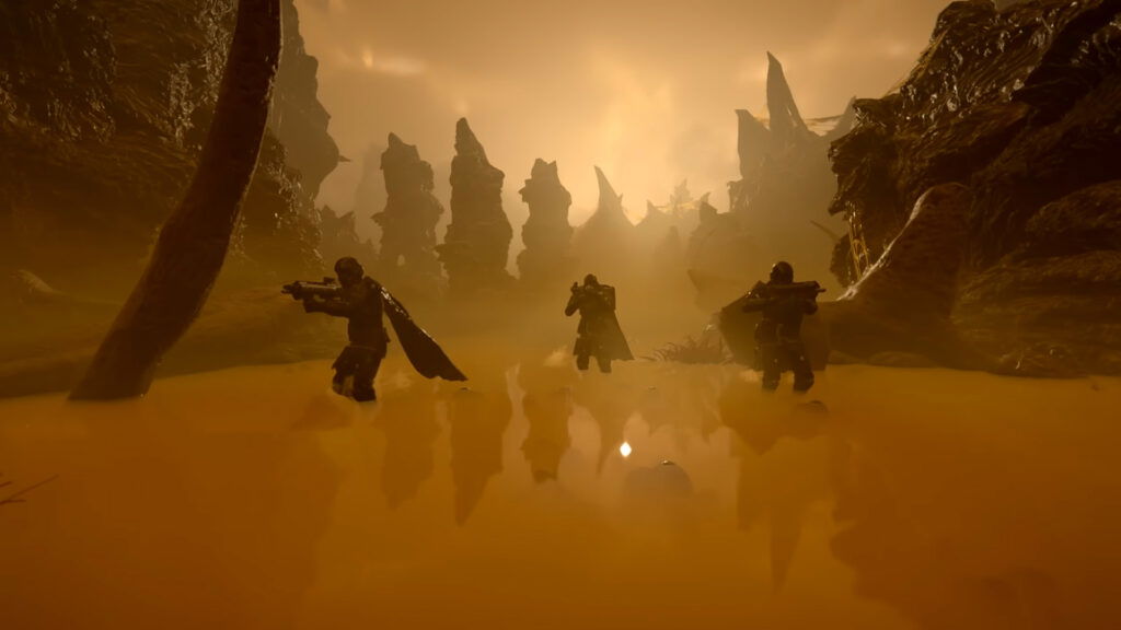 Helldivers 2 screenshot featuring the divers stepping inside water.