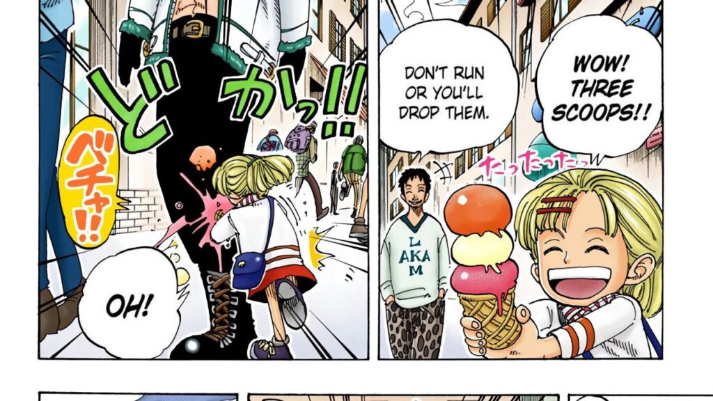 One Piece chapter 98 Yu spilling ice cream on Smoker