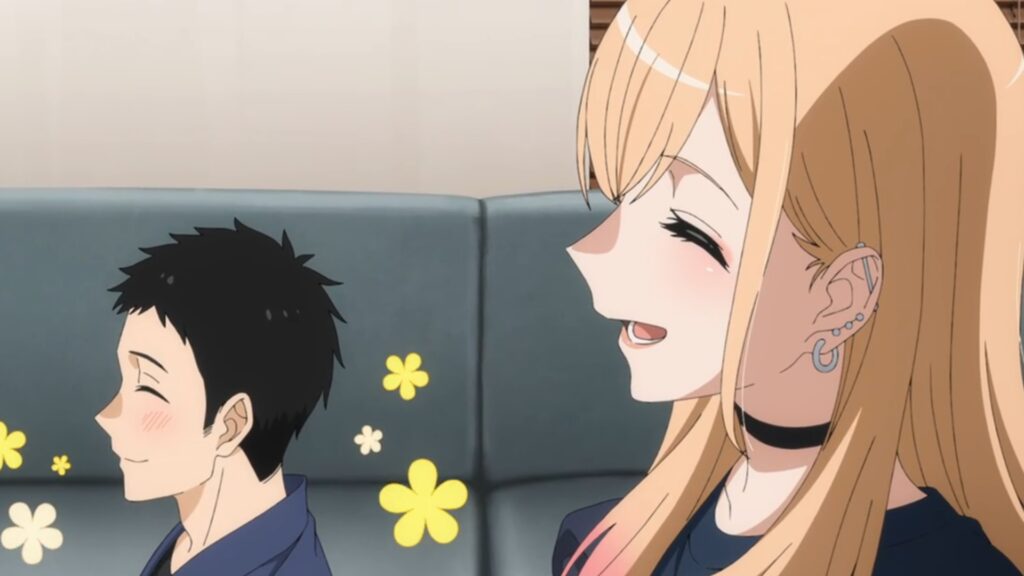 Gojo and Marin are smiling in a still from My-Dress-Up Darling season 2