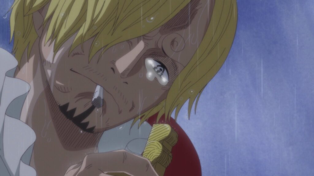 Sanji cries after hearing Pudding's real thoughts in One Piece. 