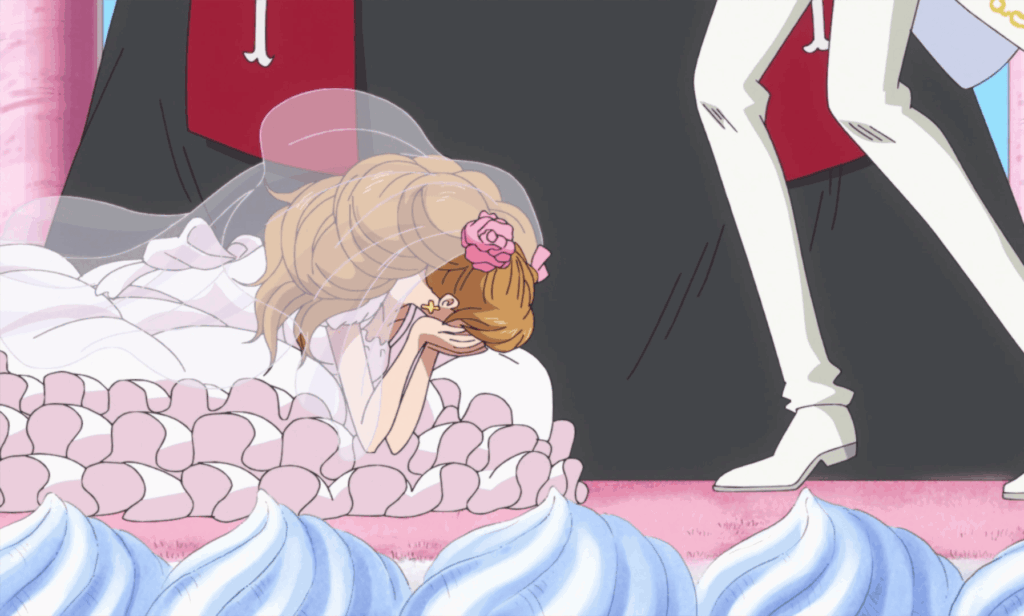 Pudding breaks down as she can't kill Sanji in One Piece. 