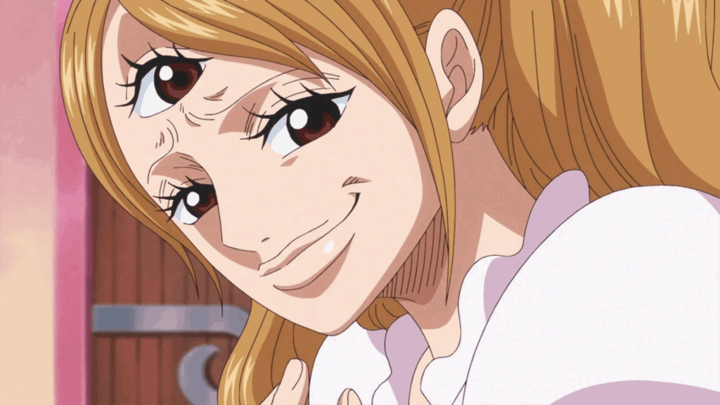 Pudding's devious smile in One Piece. 