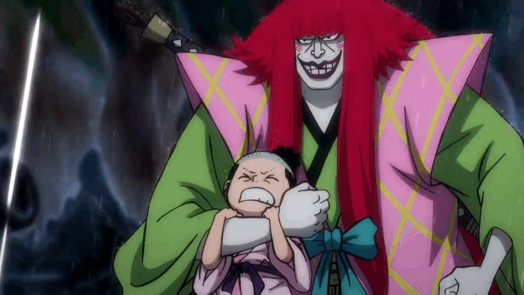 Kanjuro holds Momonosuke captive in One Piece. 
