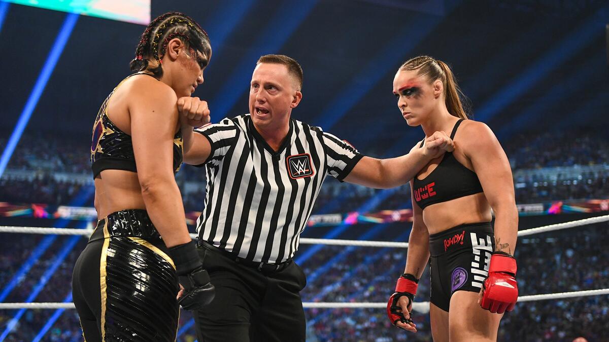 Ronda Rousey staring down Shayna Baszler before their match