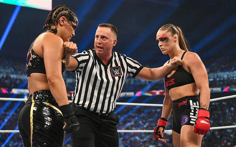 Ronda Rousey staring down Shayna Baszler before their match
