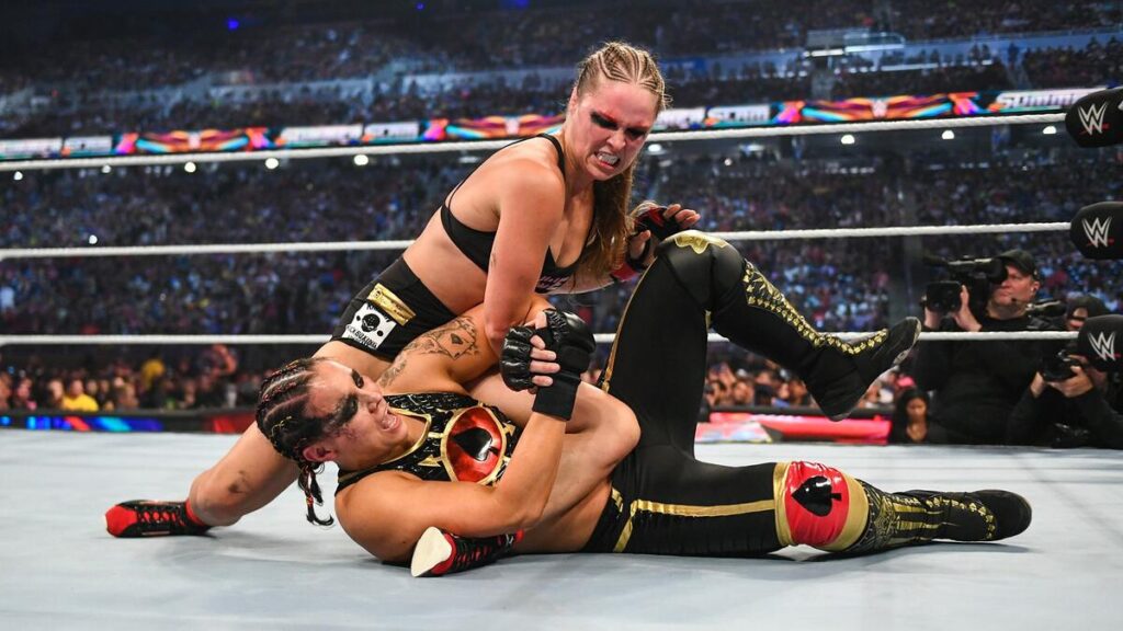 Ronda Rousey locking Shayna Baszler in a submission hold at SummerSlam 2023