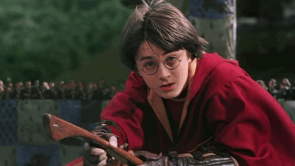 Harry during his first Quidditch match with his Nimbus 2000.