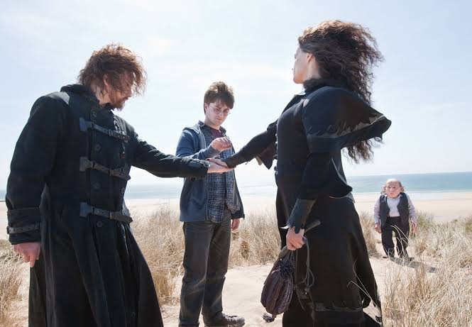 Harry, Ron, and Hermione (disguised as Bellatrix) apparating