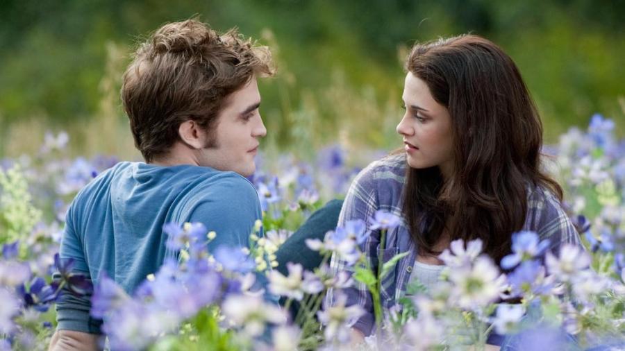 Bella and Edward are smiling at each other in the midst of a flower field