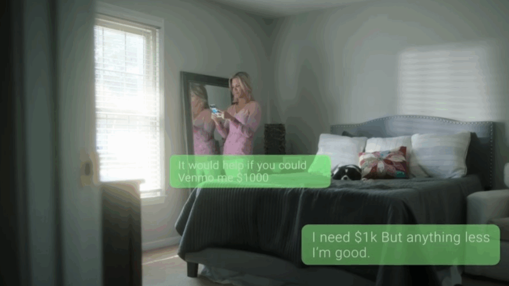 A message thread against the background of a room