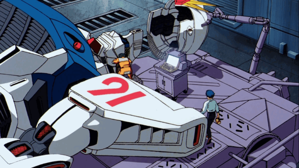 Characters fixing a mobile suit in Gundam F91. 