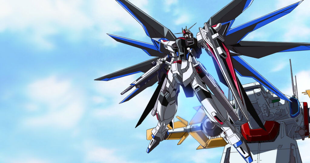 A still of a mobile suit ready for battle in Gundam SEED.