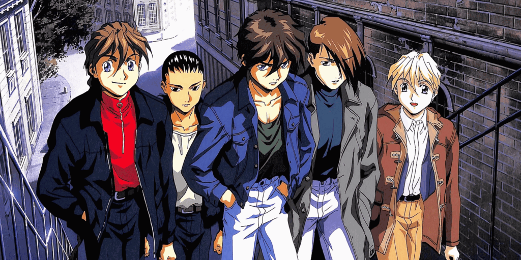 A poster of the main cast of Gundam  Wing. 