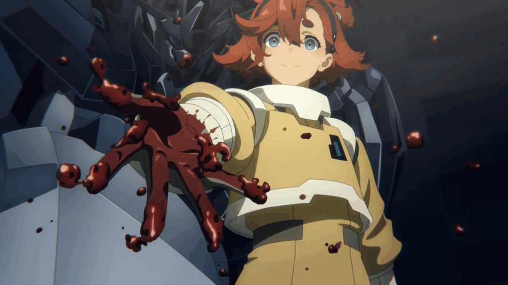 Suletta Mercury with blood on her hand in Gundam: The Witch From Mercury. 