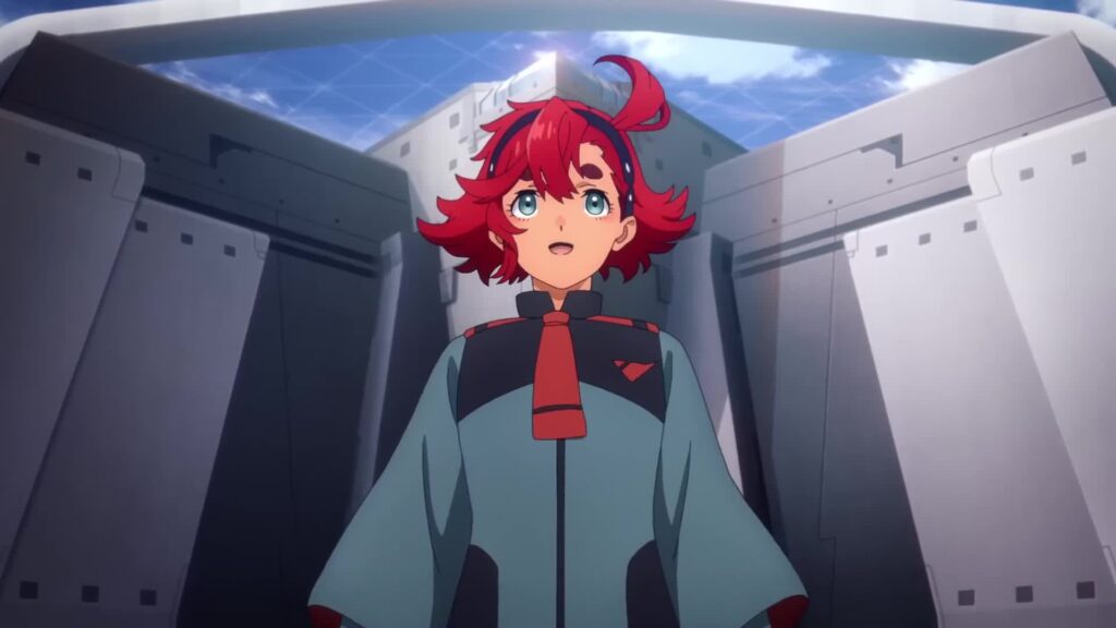 Suletta with a surprised look in Gundam: The Witch From Mercury. 